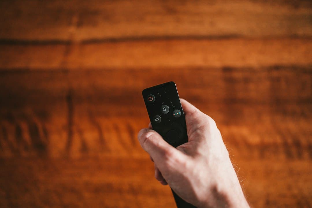 A hand holding a TV remote in front of a wooden wall, ready to browse the Digitaline IPTV channel list